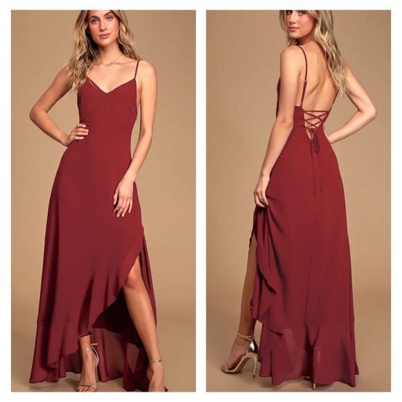 NWT Lulus Ada Lace-Up Maxi Dress Size L Burgundy Babydoll Asymmetric Ruffle Hem - Picture 1 of 16
